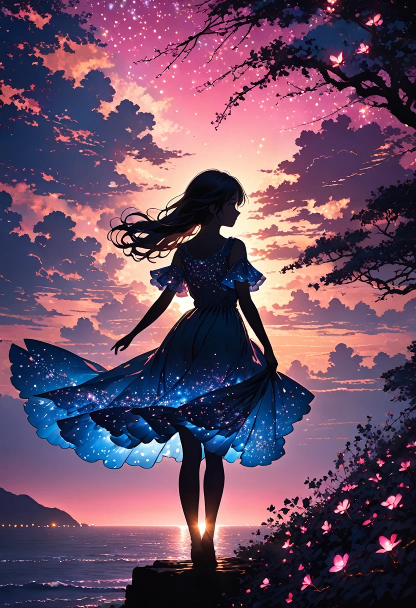 The image depicts a silhouette of a girl standing against a stunning sunset background. The sky transitions from a deep pink near the horizon to a deep blue as it ascends. The figure appears to be enveloped in a series of tiny glowing fairy lights, some of which are illuminated, creating a stunning and captivating contrast to the dark silhouette. The figure appears to be holding out one arm, perhaps adjusting to or interacting with the lights. The overall mood of the image is peaceful and magical.