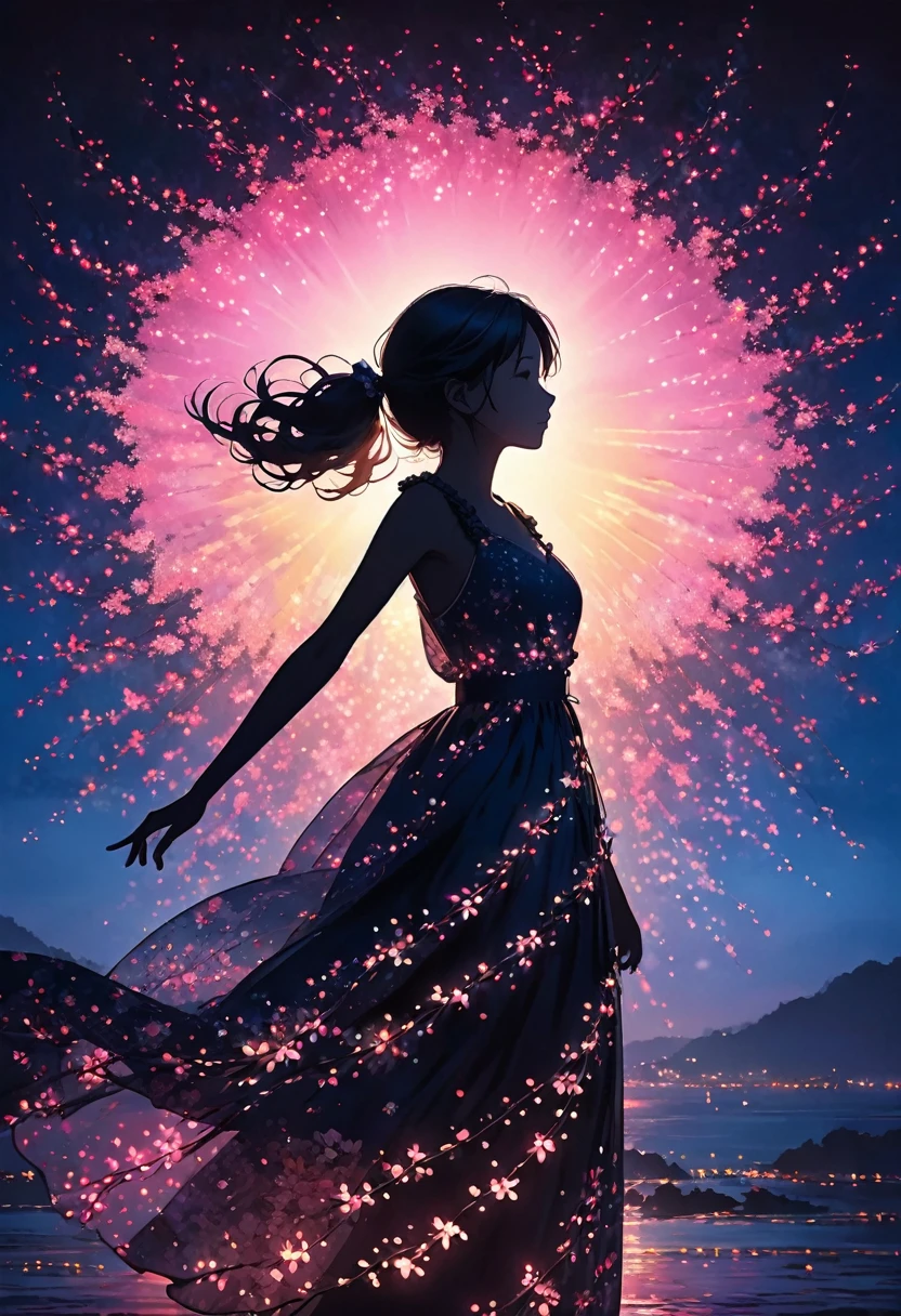 The image depicts a silhouette of a girl standing against a stunning sunset background. The sky transitions from a deep pink near the horizon to a deep blue as it ascends. The figure appears to be enveloped in a series of tiny glowing fairy lights, some of which are illuminated, creating a stunning and captivating contrast to the dark silhouette. The figure appears to be holding out one arm, perhaps adjusting to or interacting with the lights. The overall mood of the image is peaceful and magical.