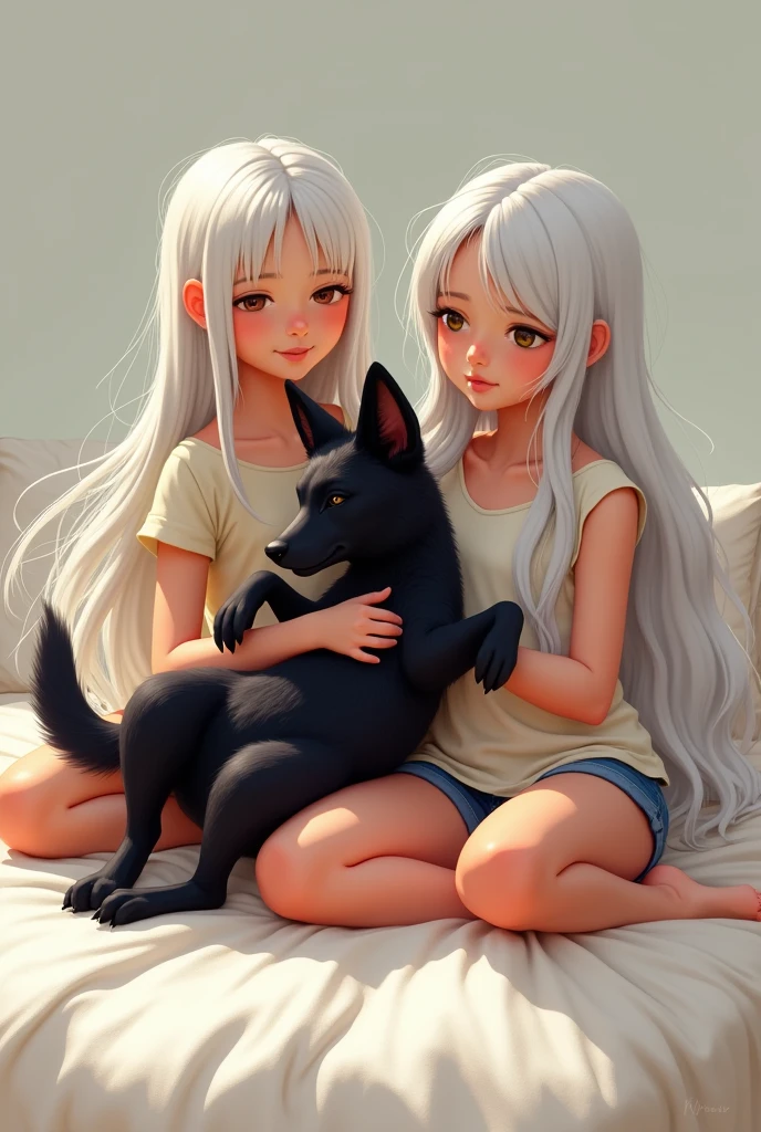 2 girl sitting on a bed sitting cross legged with her white hair down wearing a top holding a large black jackal in her arms lying on her back with its paws up in digital art style 