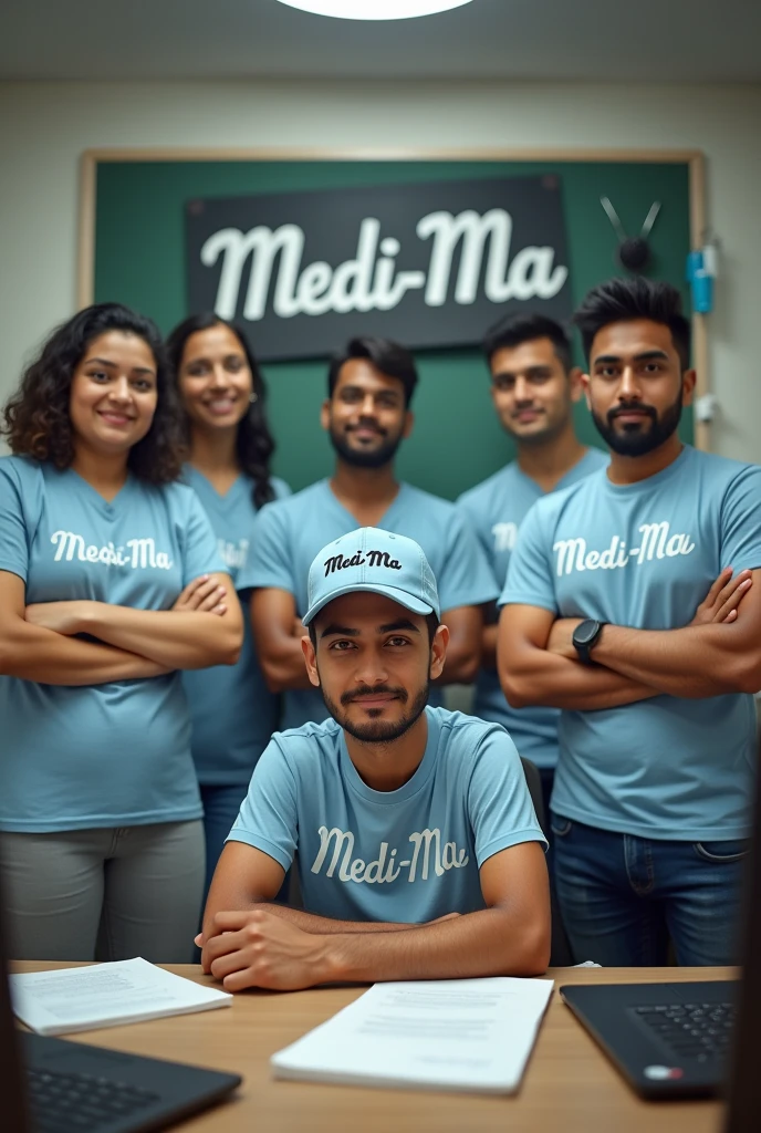 A team of women  as well men employees stand with similar t shirt name with medi-ma also bulletin board name with medi-ma. the owner sit on the table name with piyush sain also show medical Shop name with medi-ma all employees stand around the owner and their are two owner wearing t shirt name with piyush and Shubham the front man of will be young man wearing cap name with piyush 