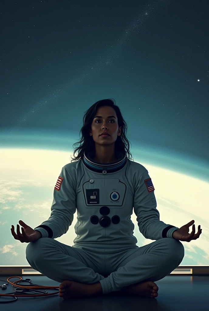 Create a poster on mental state of Sunita Williams hanging in the space
