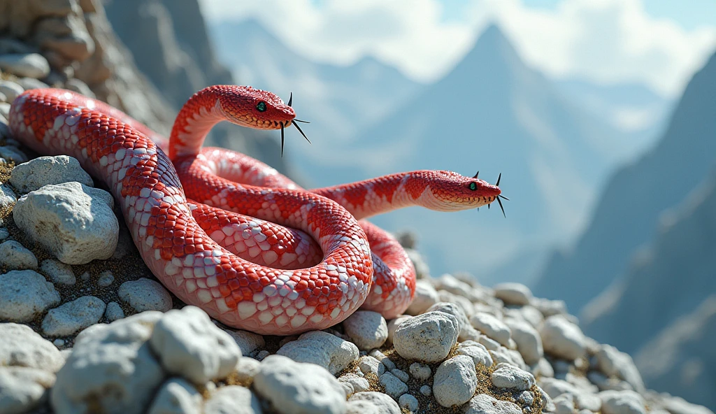 There are many white jade ores and pit vipers with red and white rings on their bodies and spikes on their noses on the mountain.（best quality，4K，8k，High level，masterpiece：1.2），Ultra Detailed，（lifelike，Photo real，Photo real：1.37）