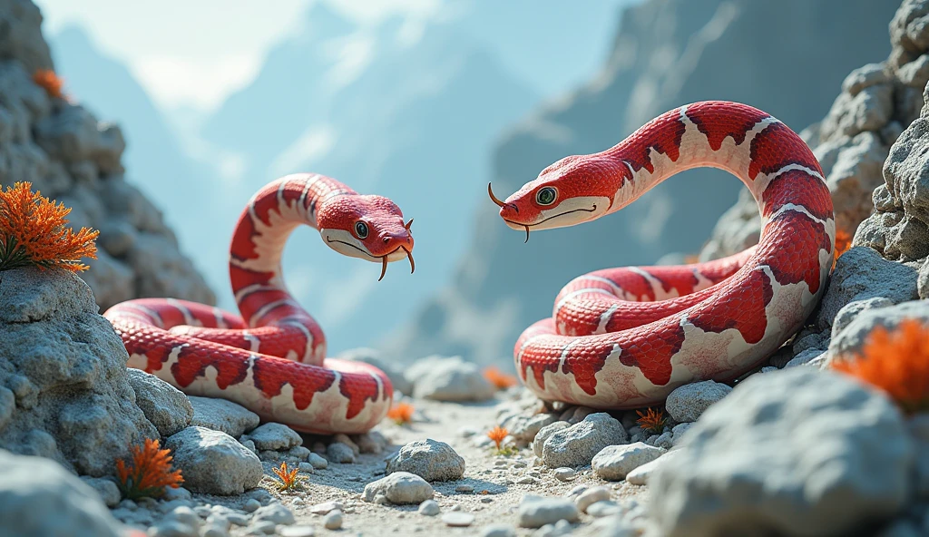 There are many white jade ores and pit vipers with red and white rings on their bodies and spikes on their noses on the mountain.(best quality,4K,8k,High level,masterpiece:1.2),Ultra Detailed,(lifelike,Photo real,Photo real:1.37)