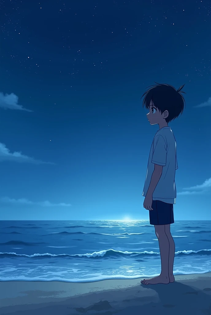 anime picture of a boy in night beach in landscape format



