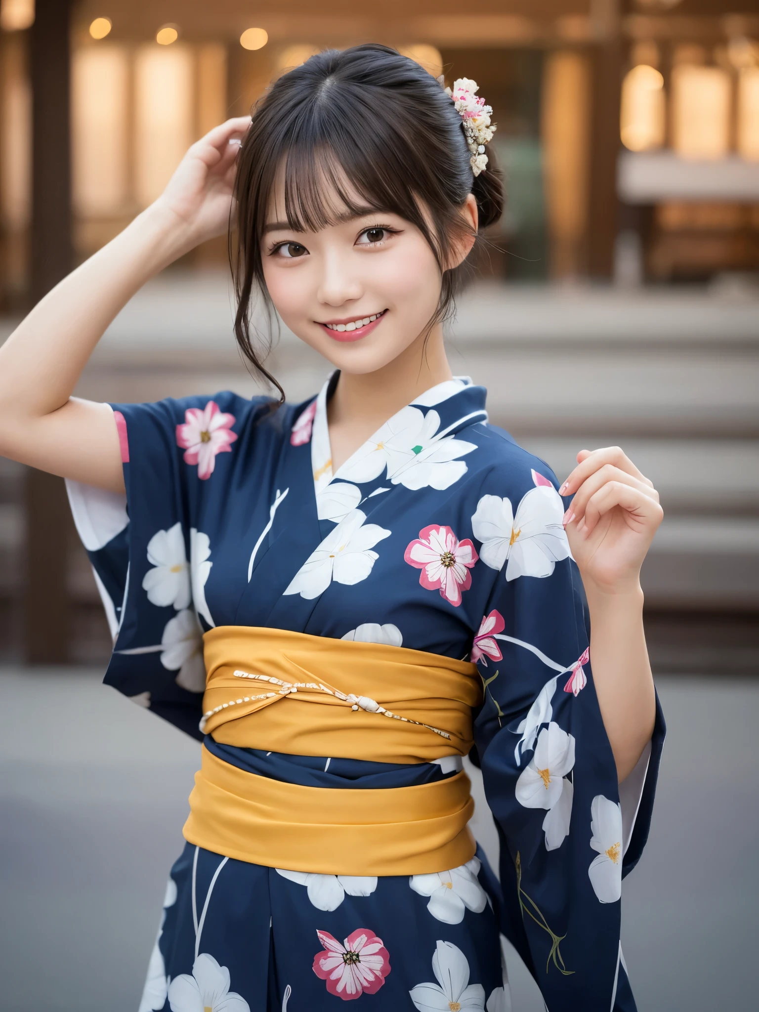 1girl, solo, highres, best_quality, masterpiece, detailed_background, intricate_details, beautiful, sendai, tanabata_festival, summer_festival, yukata, smile, looking_at_viewer, dynamic_pose, natural_pose, candid, happy