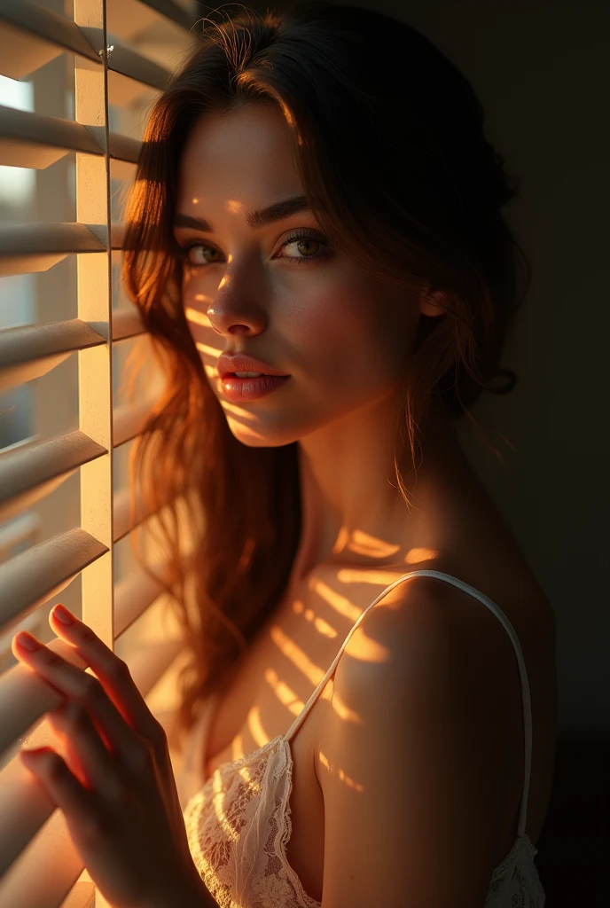 Portrait, masterpiece,best quality,official art, extremely detailed CG unity 8k wallpaper,absurdres,8k resolution, hyper realistic, ultra realistic, highly detailed, intricate detailed,
A beautiful Russian girl, 20 years old, sexy moist lips, wearing white lace spaghetti strap night dress, in very dark room, standing by the window with horizontal curtain blinds, the sunset light outside entering through the gaps of the curtains (forming a sharp striped horizontal pattern on her face), evening time, warm color grading, her hand slightly touching and opening the curtains for peeking outside, she's looking outside the windows. High contrast photo, sharp shadow and highlight, ((dramatic lighting, low key photography))