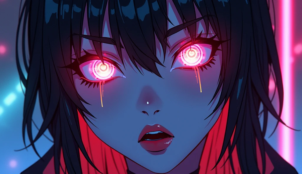 sexy cyberpunk sexy anime art thereal close up sexy glowing neon eyes sexy makeup eyes sexy lips sexy nose sexy face art thereal face sexy