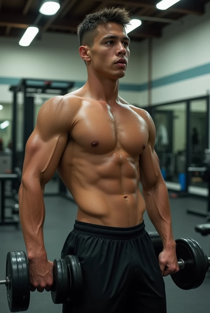 A boy at gym stand without tishrt in one hand he take dumbal