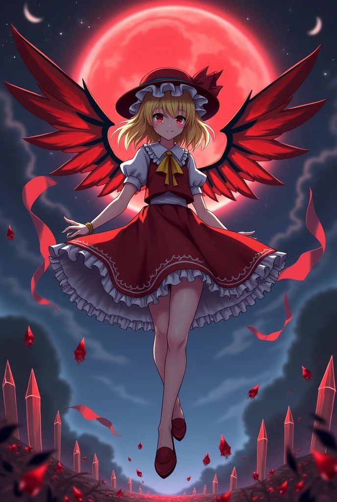 masterpiece, best quality,ultra detail, Flandre_Scarlet_Touhou,red shoes,1girl, blonde hair, wings, red eyes, looking at viewer, blush, hat, crystal, one side up, ribbon, night sky,red moon,evil smile,flying sky,floating air,from below,stylish pose