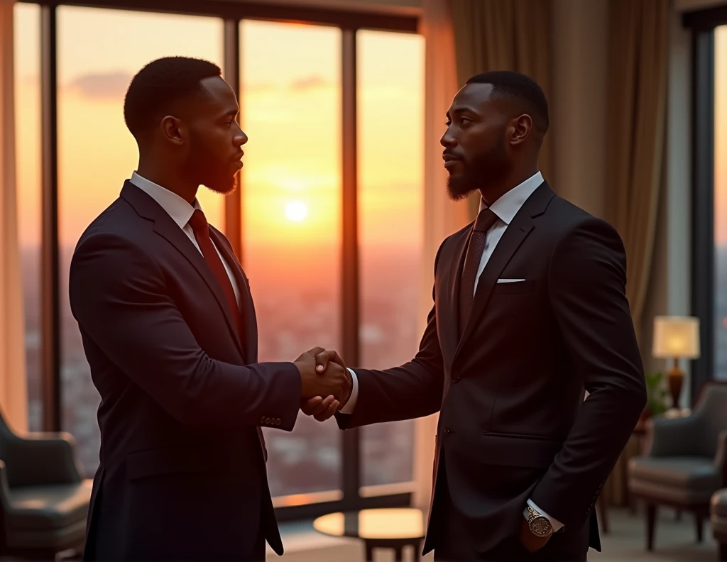 Image of two african american men, who gives himself a firm handshake in a classy, well-windowed office with a light sunset