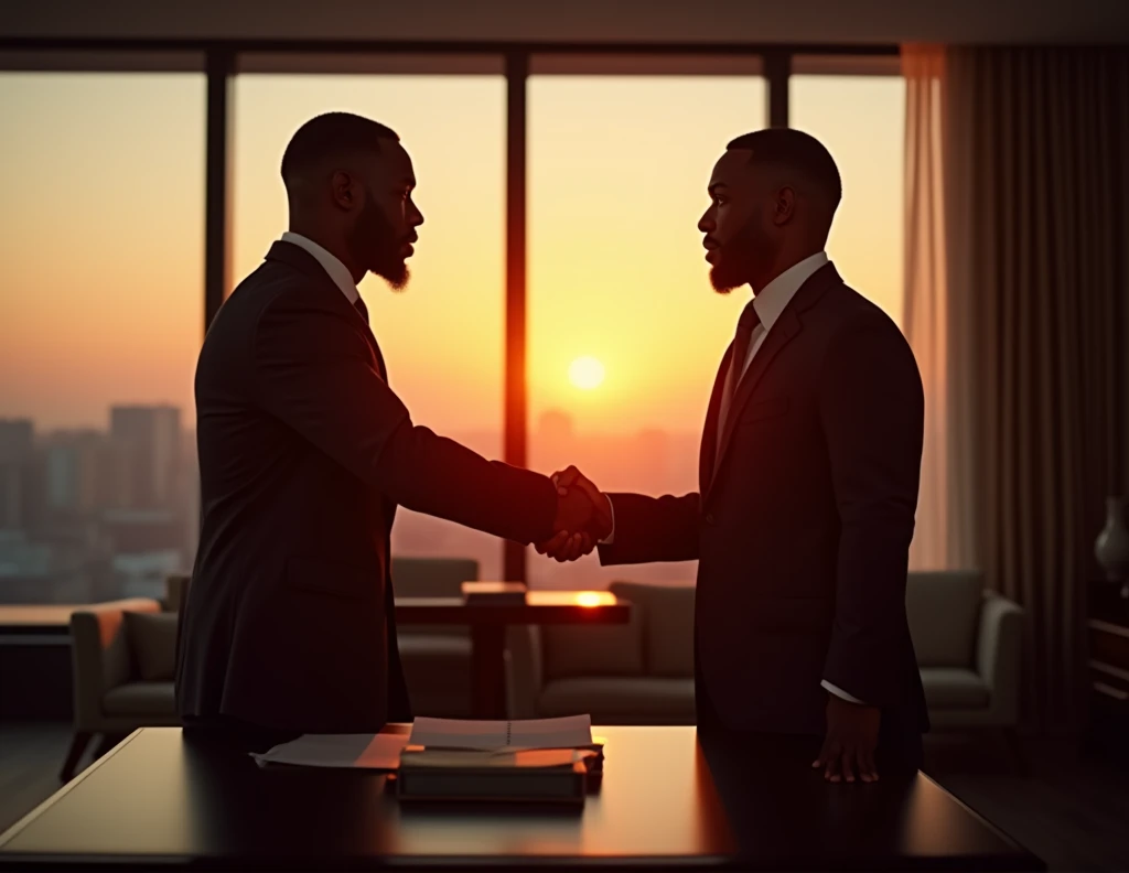 Image of two african american men, who gives himself a firm handshake in a classy, well-windowed office with a light sunset