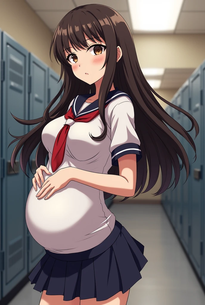 Woman, Long hair, wearing uniform, pregnant, beautiful face, beautiful body,Anime art, Masterpiece, High quality, Detailed, Background locker room,Random pose