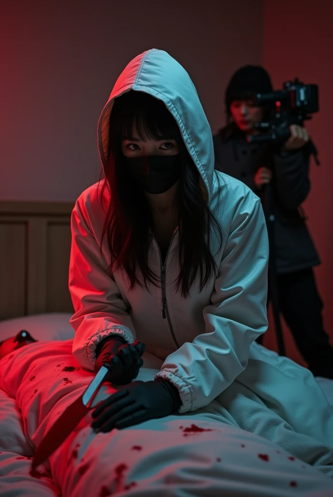 korean girl, (behind stiff, holding knife), black surgical mask, black leather gloves, bloody room, white raincoat, hood up, holding knife, leather gloves, woman on top, behind cadaver, blood splatter, bed room, night, mass murderer, killer, long bangs, blood splatter, dark atmosphere, cinematic lighting, atmospheric realistic, red lighting, close-up, tripod and camera in the back, shooting with camera
