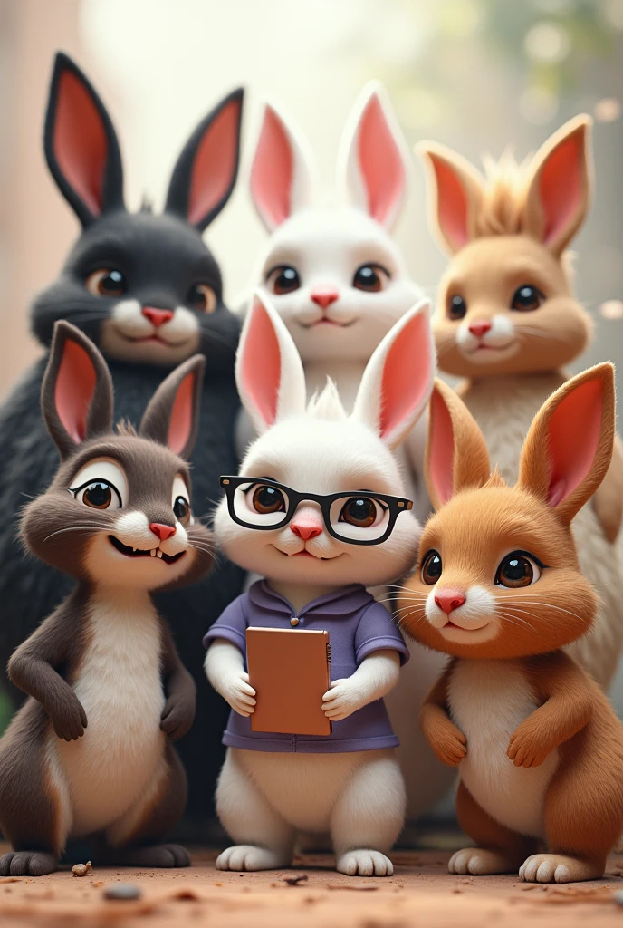Group of 7 cute bunnies. The first bunny has a piercing in her mouth., She has long black hair and is fleshy fur. The second bunny is white and pink with a huge butt and huge breasts with short golden hair. The third bunny has brown fur and short curly hair and wears braces. The fourth bunny is white with long hair and wears glasses and has an iPad. The fifth bunny has brown fur with pink and black hair and wears glasses with a purple shirt. The sixth bunny is brown with long black hair and wears glasses and has a dress to dance salsa. The seventh bunny is white with medium hair, wears glasses and is super cute.