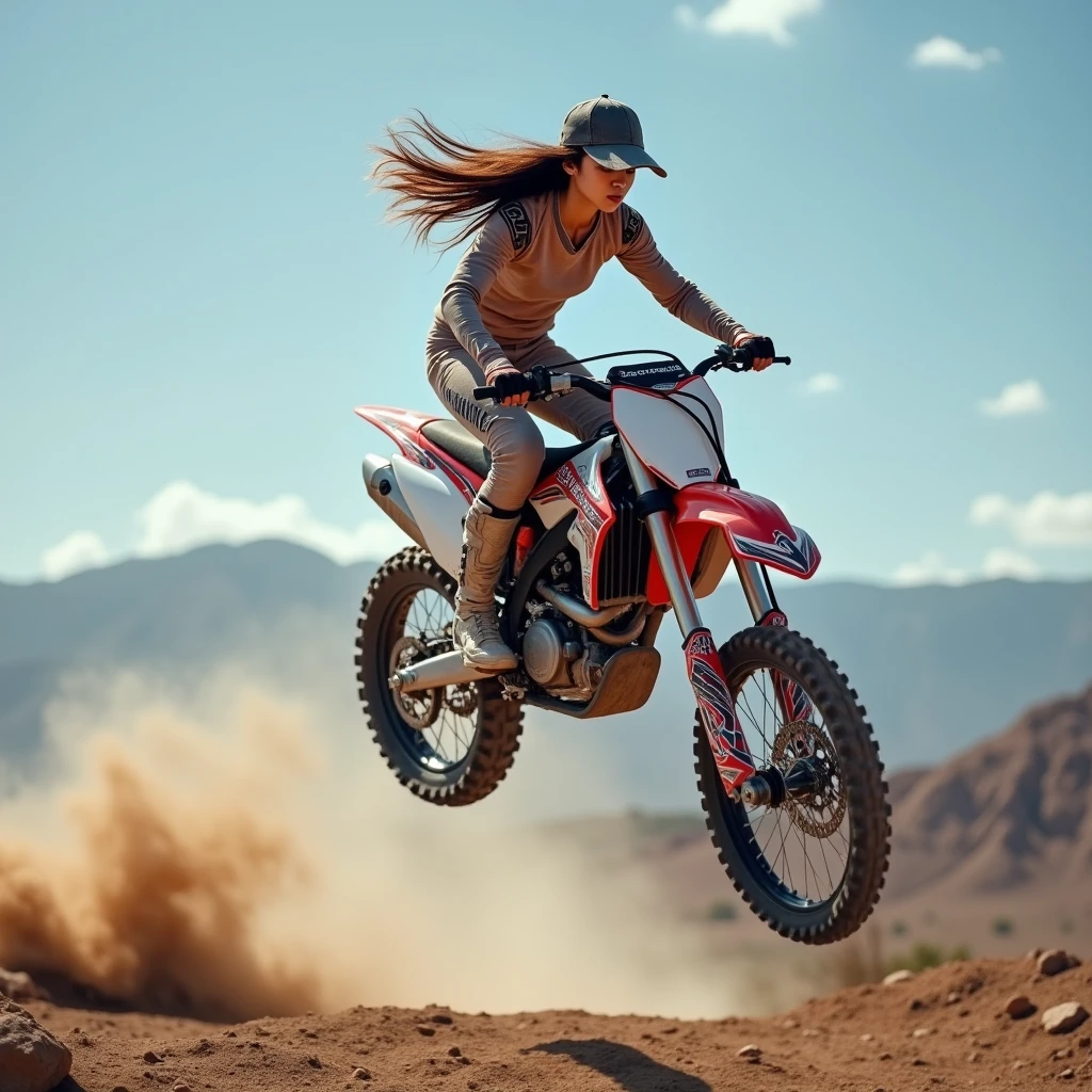 HDR PHOTOGRAPHY of a beautiful young Asian female motocross rider with long hair. The fearless ones perform amazing mid-air freestyle stunts. Wearing full safety gear and a backwards baseball cap, his expression focused and serious, the rider appeared to glide effortlessly through the air, embodying elegance and precision. Taken from a captivating low-angle perspective, this image encapsulates the essence of defying gravity and showcasing extraordinary skills. The backdrop features a vast and rugged landscape, evoking a sense of boundless freedom and heart-pounding joy, HD, Hyperdetailed, 