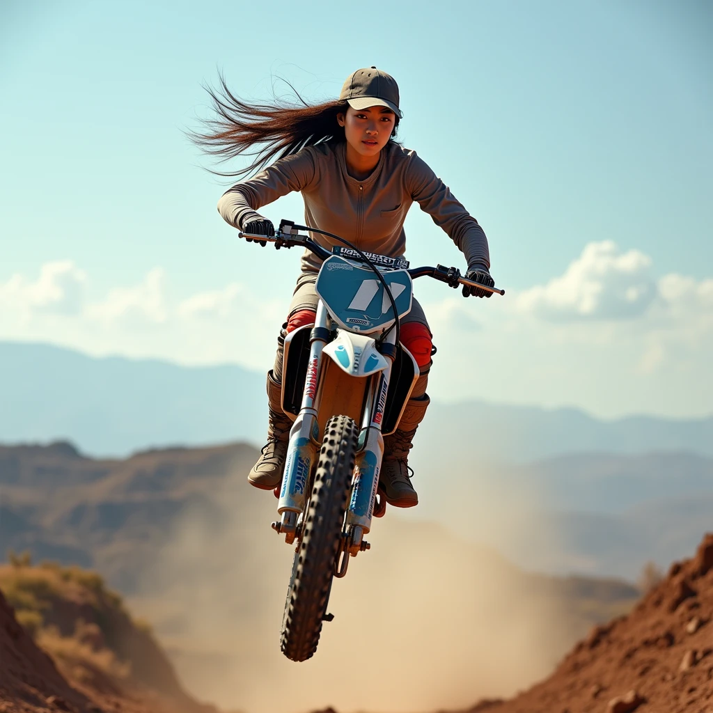 HDR PHOTOGRAPHY of a beautiful young Asian female motocross rider with long hair. The fearless ones perform amazing mid-air freestyle stunts. Wearing full safety gear and a backwards baseball cap, his expression focused and serious, the rider appeared to glide effortlessly through the air, embodying elegance and precision. Taken from a captivating low-angle perspective, this image encapsulates the essence of defying gravity and showcasing extraordinary skills. The backdrop features a vast and rugged landscape, evoking a sense of boundless freedom and heart-pounding joy, HD, Hyperdetailed,