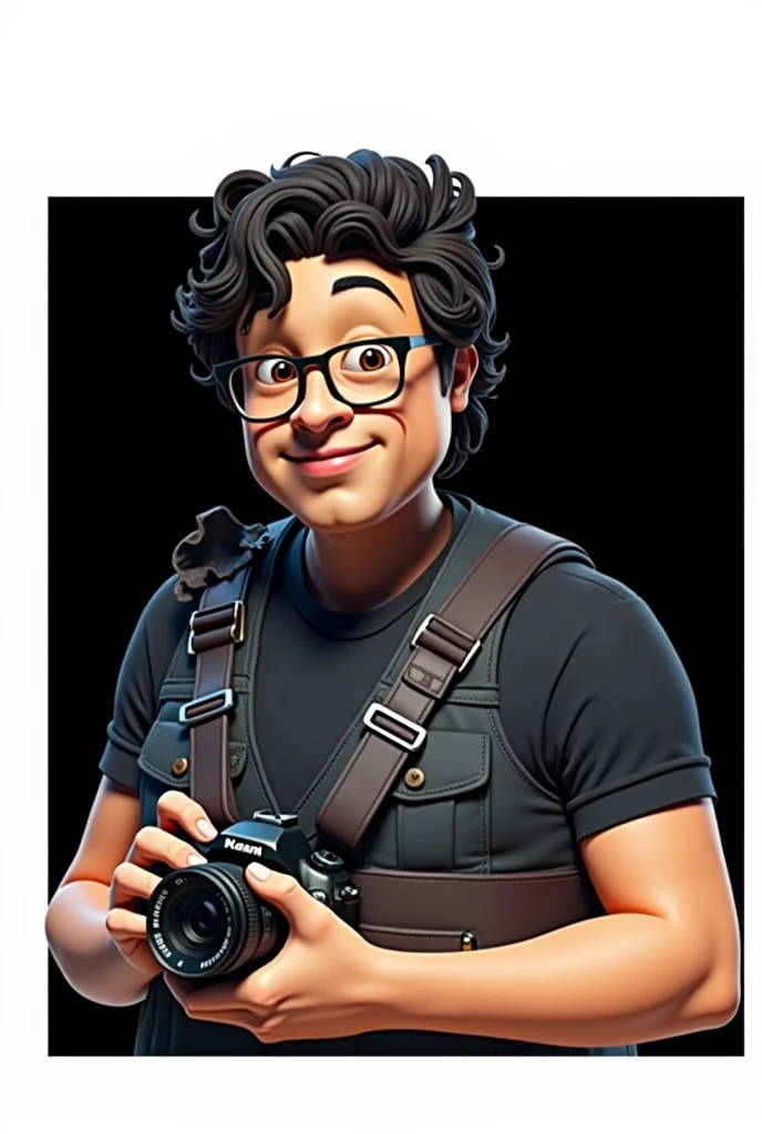 Cartoon character of a man with black glasses, Dark brown curly hair and a black shirt, camera in hands, animation character, stylized character, animation style rendering, 3D stylized(pixar style) (master part:1.2) (bokeh) (Best Quality) (detailed skin) (detailed texture) (8k) (clay) (cinematic lighting) (sharp focus)