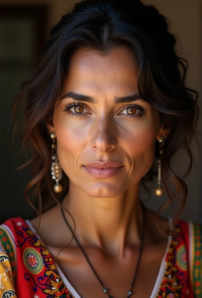 A 50mm close-up photograph of a Moroccan woman in her late 30s, with expressive brown eyes and wavy dark hair. Her skin has a warm, olive tone with fine lines and natural texture, revealing the subtle details of her complexion. She is wearing traditional Moroccan attire with vibrant patterns and intricate embroidery. The soft, natural light from a nearby window casts gentle shadows, highlighting the contours of her face and the fine details around her eyes and lips. Her gaze is steady and confident, capturing a sense of depth and cultural pride. The background is softly blurred, creating a bokeh effect that enhances the focus on her face and adds an intimate, detailed atmosphere to the image."