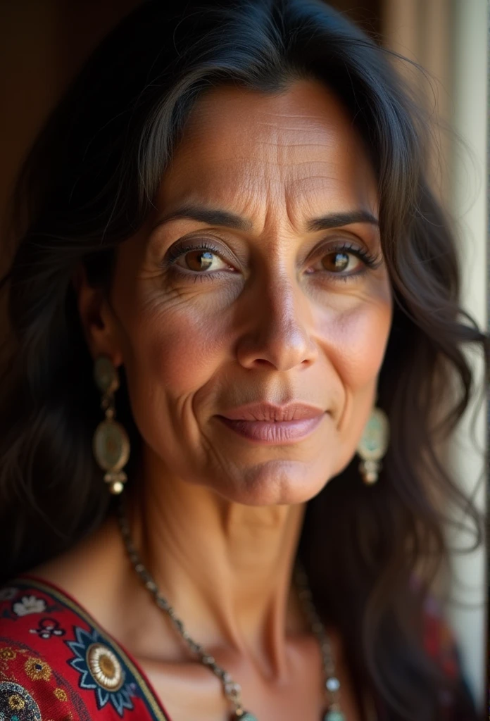 A 50mm close-up photograph of a Moroccan woman in her late 30s, with expressive brown eyes and wavy dark hair. Her skin has a warm, olive tone with fine lines and natural texture, revealing the subtle details of her complexion. She is wearing traditional Moroccan attire with vibrant patterns and intricate embroidery. The soft, natural light from a nearby window casts gentle shadows, highlighting the contours of her face and the fine details around her eyes and lips. Her gaze is steady and confident, capturing a sense of depth and cultural pride. The background is softly blurred, creating a bokeh effect that enhances the focus on her face and adds an intimate, detailed atmosphere to the image."