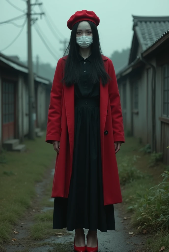 she、A woman with a pale face and white skin、Scary appearance with black eyes。Her mouth is covered in red lipstick and is torn open all the way to her ears.。Laughing while bleeding。long, Black Hair; she、Wearing a black dress。She's wearing a red coat over it., she恐ろしい見た目, she赤いベレー帽をかぶっています。Her eyes are black。The background is a horror-like black。Please show the whole body in the field of view。sheとても泣いている。Standing in red heels。The background is the Japanese countryside。Dimly lit in the countryside at night、Creepy。