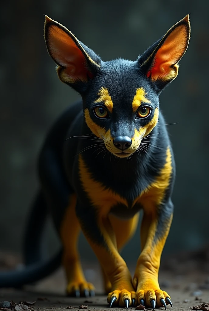 dog with black and yellow stripes black cat face bat ears
