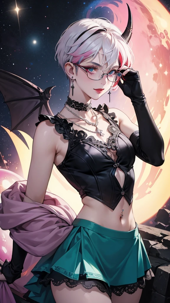 8k, masterpiece, best quality, highly detailed, 1 girl, tiefling, warlock, pixie cut, multicolored hair, very short straight hair red highlight hair on white hair, strippled hair, wearing glasses, round glasses, earrings, navel piercing, red eyeshadow, long eyelashes, blushed cheek, red lips, pearl necklace, rings, collarbone, mole on face, glamorous, teal and pink clothes, sleeveless, miniskirt, smirk, close up view, rings, looking at viewer, demon horns, solo, starry sky, pale blue moon, standing, demonic arms, chains on the background, black lace gloves, hand touching glasses.