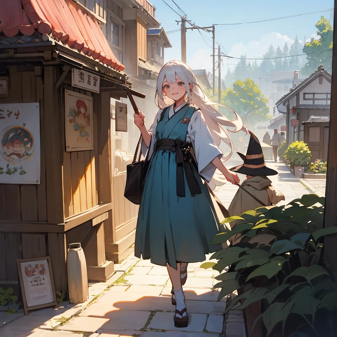 Illustrations for children's picture books,realistic, detailed illustration,A serene town center with an elderly witch as the focal point. The witch has long white hair tied up and a kind, gentle expression. She's holding up a sign that reads 'Happy Bento Shop' in Japanese characters. Around her, curious townspeople of various ages are gathering, their faces showing interest and excitement. The overall atmosphere is warm and inviting, with a touch of magic in the air., hand-painted style, digital art touch,(illustration:1.5), (Watercolor:1,2)