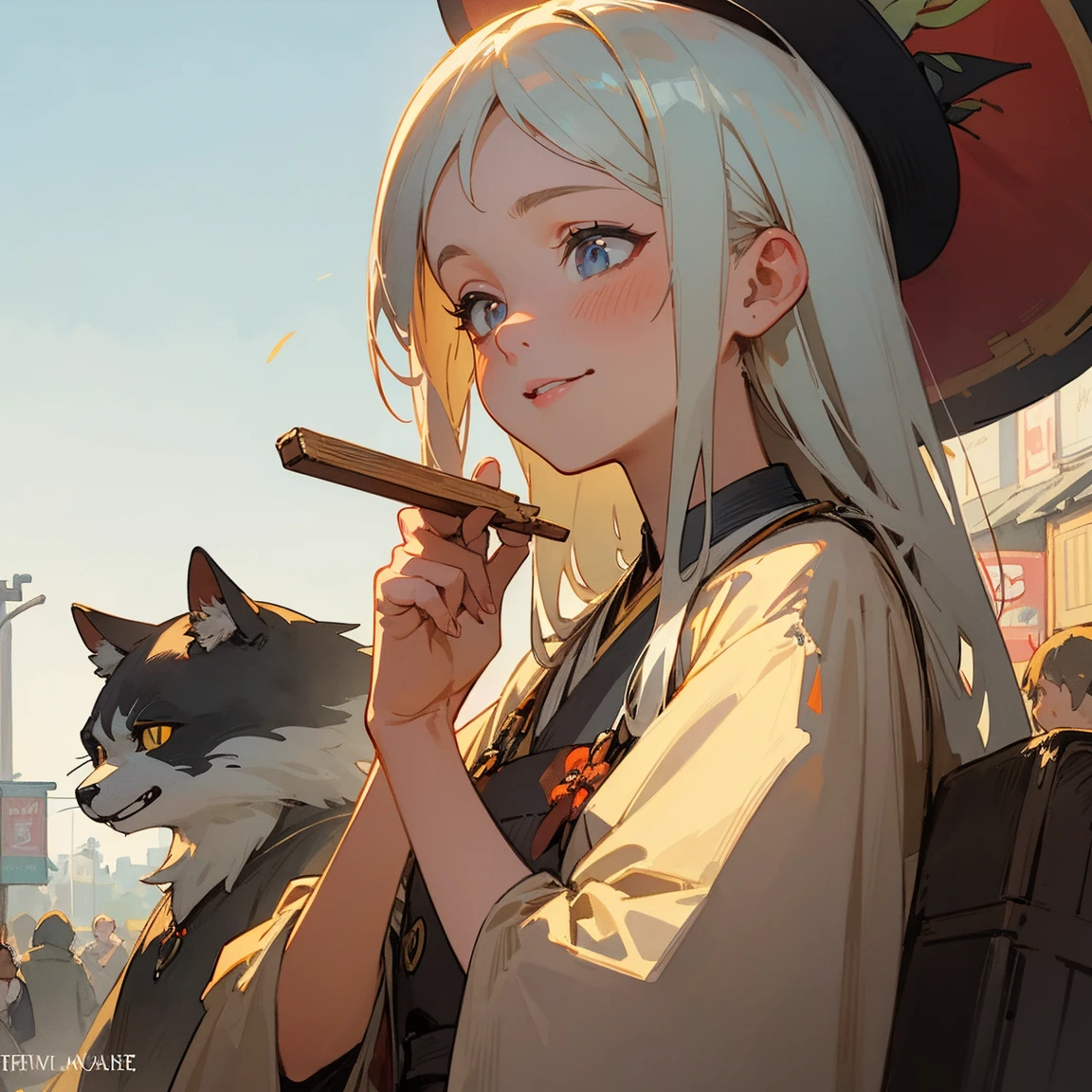 Illustrations for children's picture books,realistic, detailed illustration,A serene town center with an elderly witch as the focal point. The witch has long white hair tied up and a kind, gentle expression. She's holding up a sign that reads 'Happy Bento Shop' in Japanese characters. Around her, curious townspeople of various ages are gathering, their faces showing interest and excitement. The overall atmosphere is warm and inviting, with a touch of magic in the air., hand-painted style, digital art touch,(illustration:1.5), (Watercolor:1,2)