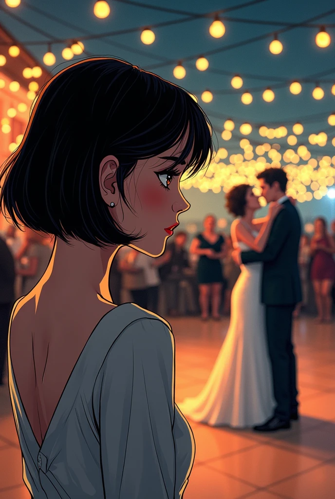 A women with short bob hair, sad face while looking at newlyweds slow dance from afar in comic