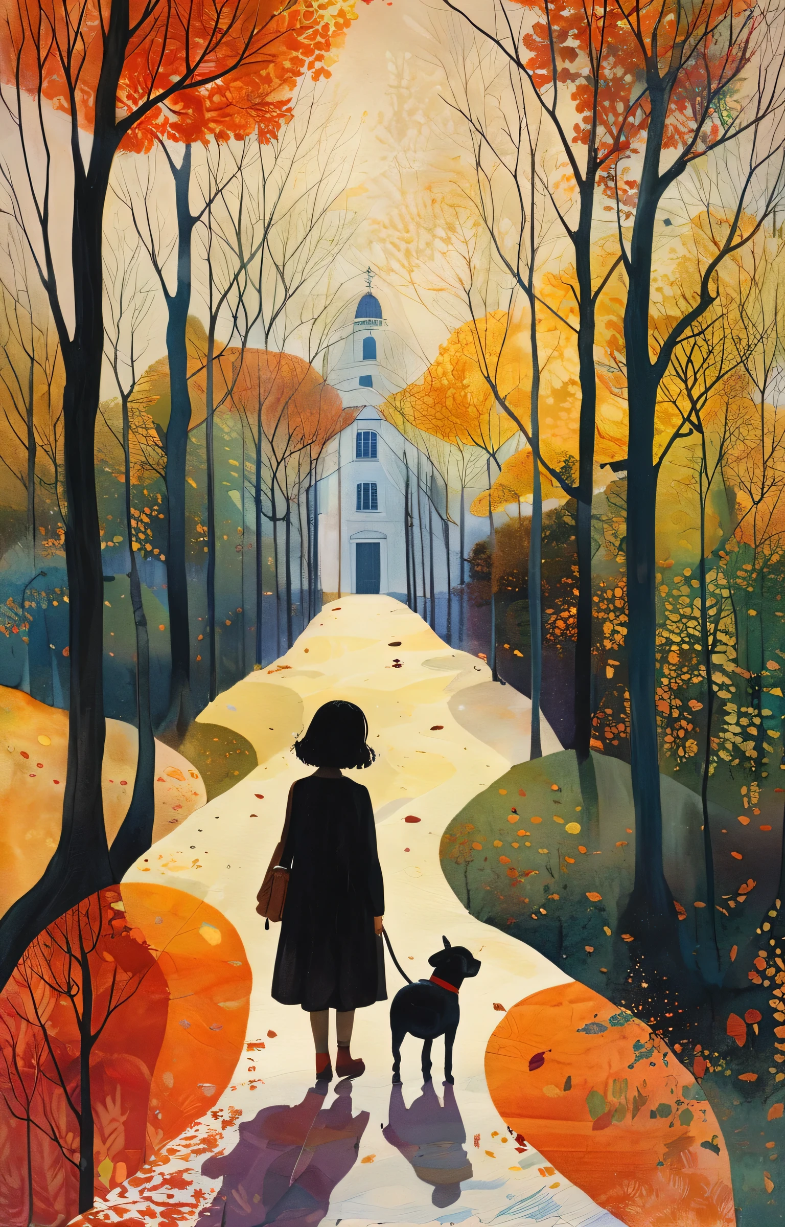 masterpiece,最high quality,Pop Art Style、A girl walking in a park with autumn leaves、Walking with the dog、View your viewers,figure,Diane Dillon Style,The highest masterpiece、high quality、Golden ratio composition、