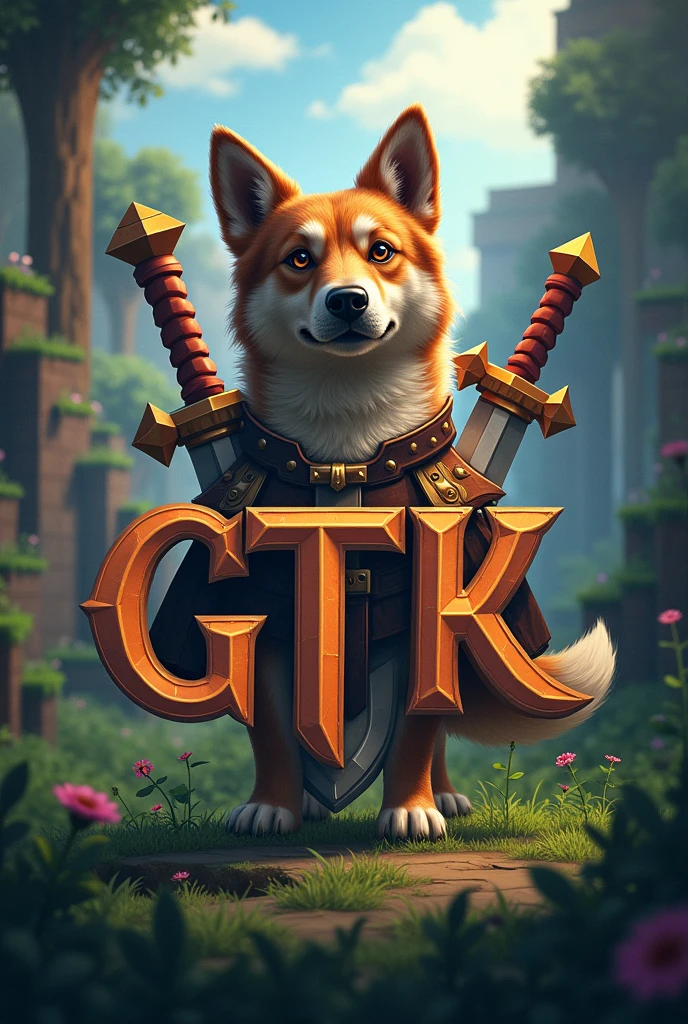Make a logo with GTK text, Plus put swords in the background and a dog, that&#39;s the most image and put the background of a Minecraft world and with a shield in the background.

