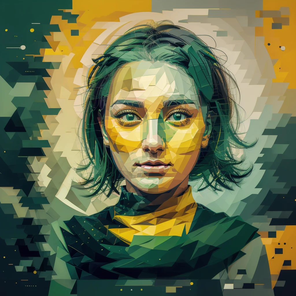 artist, 2D, mostly using color code dark green and mustard palette, dark gray green, dark green mustard pastel color, using very little dark green warm colors with tonal combination With green and mustard color, particle face, the face should be geometric and abstract cubism. Style, dark gray green, face blend with background