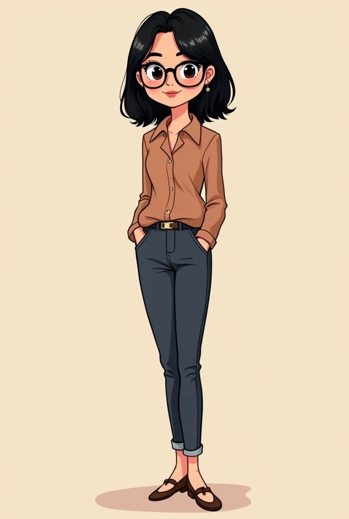 Draw a cartoon of a tall young woman with medium-long straight black hair, complexion media, black eyes with long eyelashes and round black glasses, trigea skin color, that she dresses feminine but elegant and modest and that she expresses her gender, which is heterosexual. .full body where he expresses that he likes men