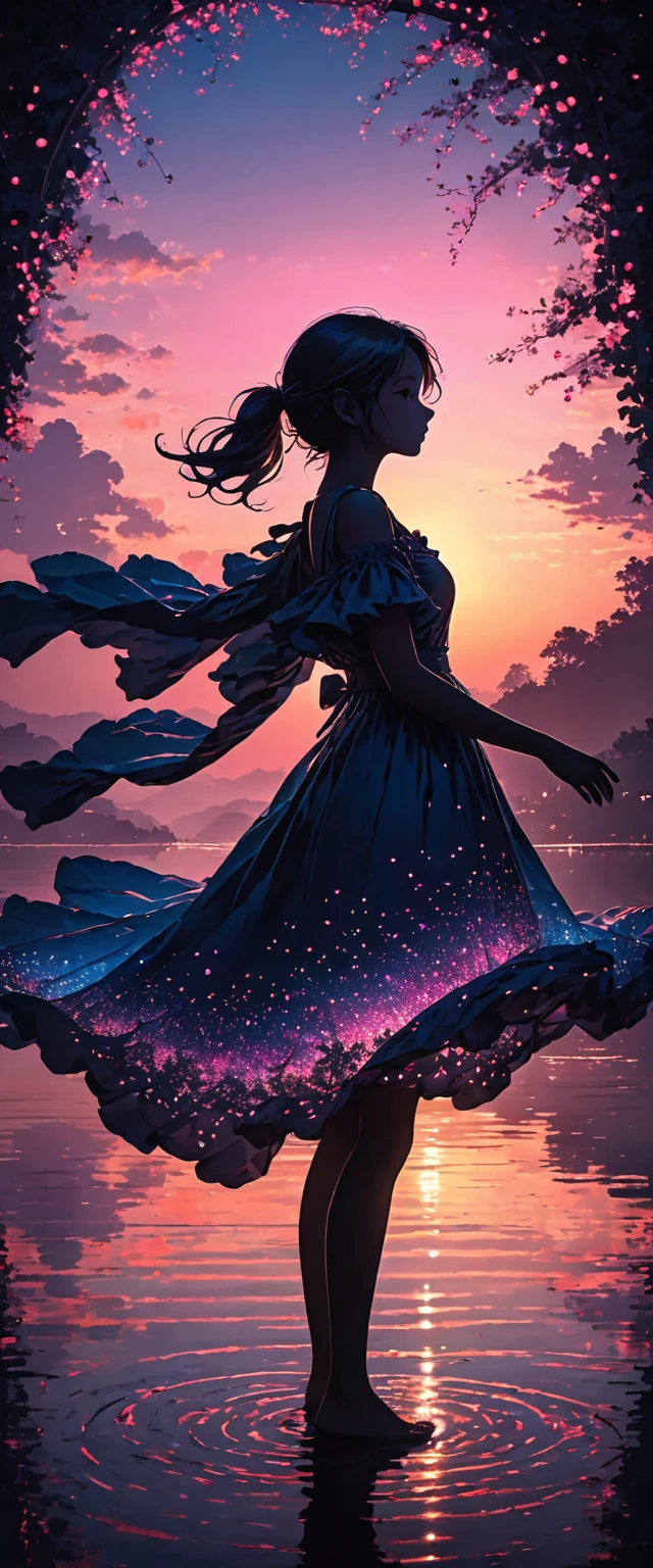 The image depicts a silhouette of a girl standing against a stunning sunset background. The sky transitions from a deep pink near the horizon to a deep blue as it ascends. The figure appears to be enveloped in a series of tiny glowing fairy lights, some of which are illuminated, creating a stunning and captivating contrast to the dark silhouette. The figure appears to be holding out one arm, perhaps adjusting to or interacting with the lights. The overall mood of the image is peaceful and magical.