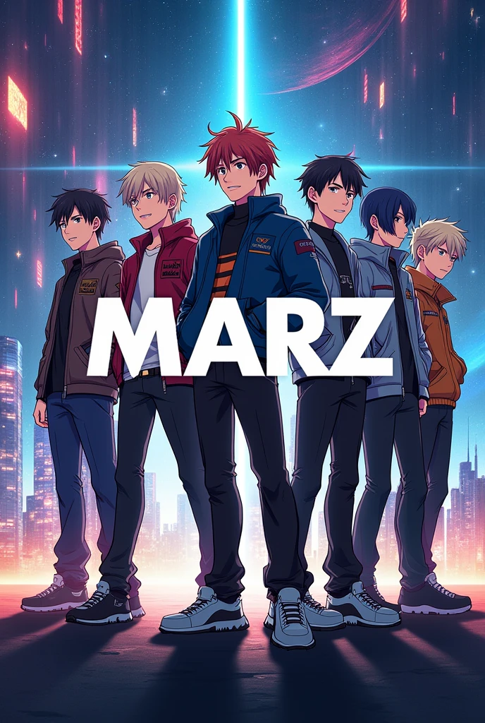 Make a picture of an amine team that has not been formed anywhere yet and write " MARZ " in the middle of it clearly. And there should be at least 18 people in the team. And there should be more boys in the team. The photo should be like a movie intro thumbnail.  