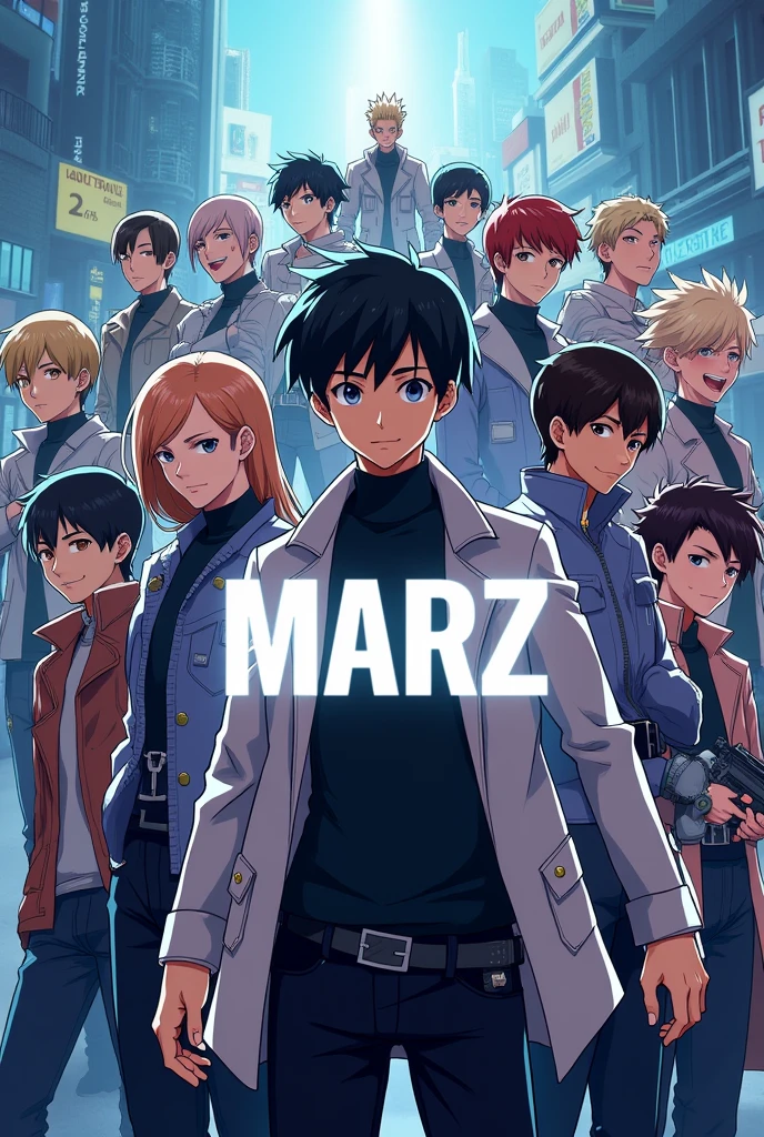 Make a picture of an amine team that has not been formed anywhere yet and write " MARZ " in the middle of it clearly. And there should be at least 18 people in the team. And there should be more boys in the team. The photo should be like a movie intro thumbnail.