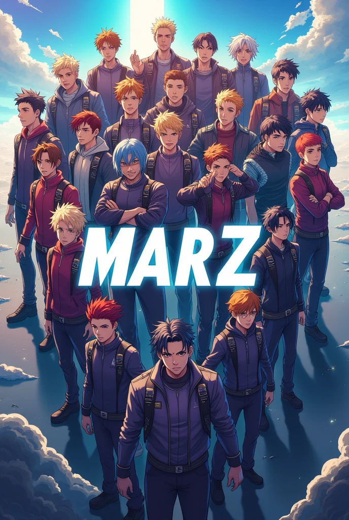Make a picture of an amine team that has not been formed anywhere yet and write " MARZ " in the middle of it clearly. And there should be at least 18 people in the team. And there should be more boys in the team. The photo should be like a movie intro thumbnail.