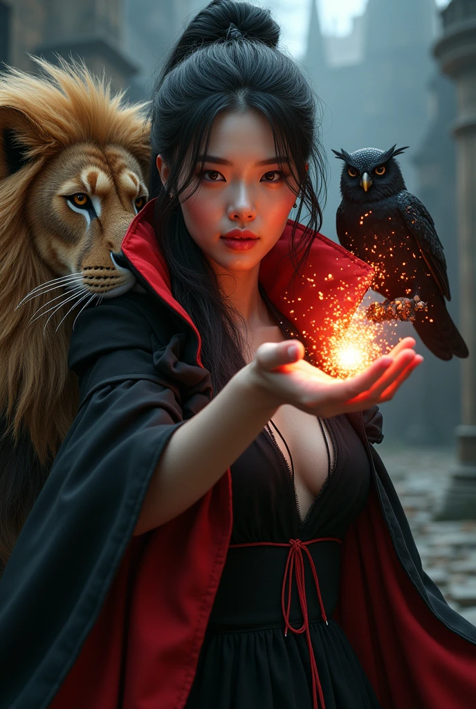 photo, asian woman, white skin, Facing straight, Half-body image size, Fluffy black hair, Long slender fingers, Black witch cloak, Red Hood, Sexy, There is a fireball in his hand., There were several red sparks and red smoke coming out of his hand., A black owl stands on the right shoulder., A large golden lion appeared from the left rear side., The background is an old black European style castle.