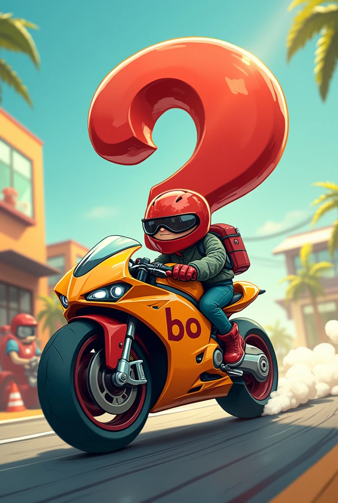 The main body of the Cartoon Man curves like a Question Mark(?) , driving a motorbike, on the motorbike with the letters BO