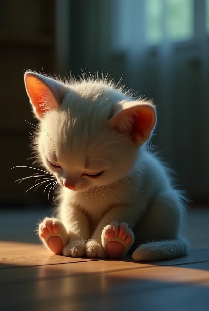 「Pixar-inspired styleで描かれたAIkitten, Wearing cute plain clothes, Eyes closed, Sad look, Ears are lowered, Slumped posture, In a dimly lit room, Soft halo, 3D animation style, The delicate movement of the fur, Emotional colors, Shadow on a blurred background」
This prompt contains the following elements::
1. you have: 「AIkitten」Expressed as 2. kitten: 「kitten」As stated 3. Feelings: Very depressed: 「Sad look」「Ears are lowered」「Slumped posture」Expressed in 4. Close your eyes: 「Eyes closed」
5. Sad expression: 「Sad look」
6. Dim atmosphere: 「In a dimly lit room」「Soft halo」
7. Dressed in cute casual clothes: 「Wearing cute plain clothes」
8. Pixar-inspired style: 「Pixar-inspired styleで描かれた」「3D animation style」
moreover、To emphasize Pixar-esque features and emotional expression、「The delicate movement of the fur」「Emotional colors」「Shadow on a blurred background」We also added elements such as。
