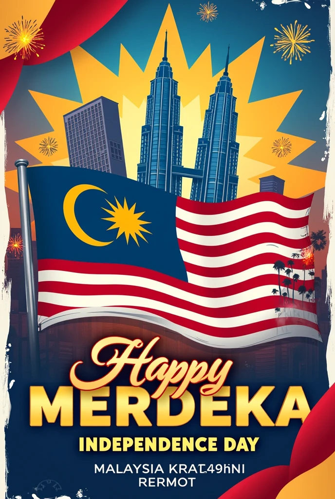 create a vibrant and patriotic Merdeka poster celebrating Malaysia's Independence Day. The poster should feature the Malaysian flag prominently, along with iconic symbols such as the Petronas Towers, traditional cultural elements, and fireworks. Use a color palette that includes red, white, blue, and yellow to reflect the national colors. Include the text 'Selamat Hari Merdeka' and the date '31 Ogos' and theme ' Malaysia Madani:Jiwa Merdeka' in bold, festive fonts. Add a touch of modern design elements to make it visually appealing and engaging.