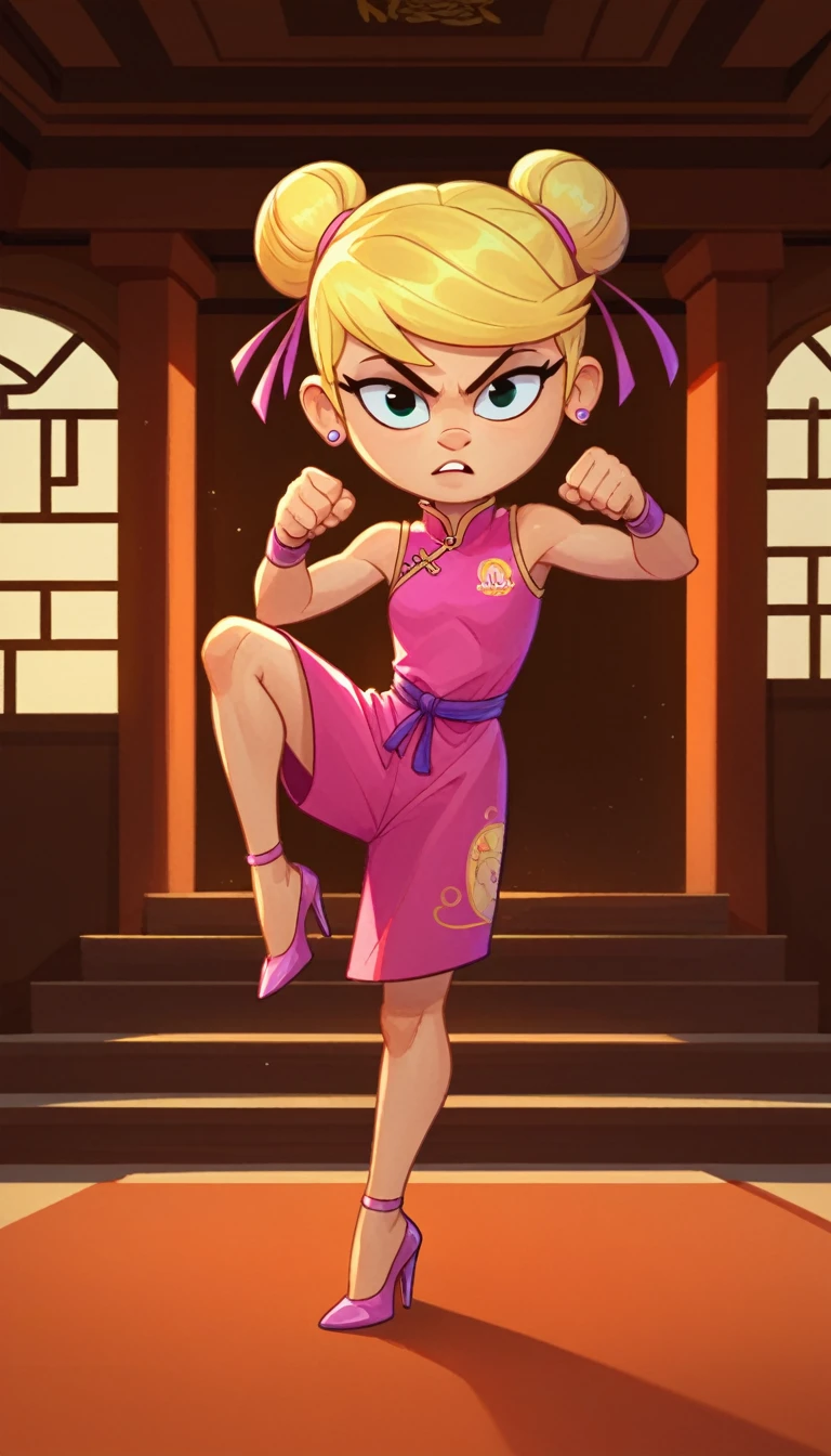 lola loud, 1girls, solo, 7yo girl, child, pink cheongsam, inside of a chinese temple, looking at viewer, blonde hair, two hair buns , hands score_9, score_8_up, score_7_up, high heels, teep fighting stance,martial arts