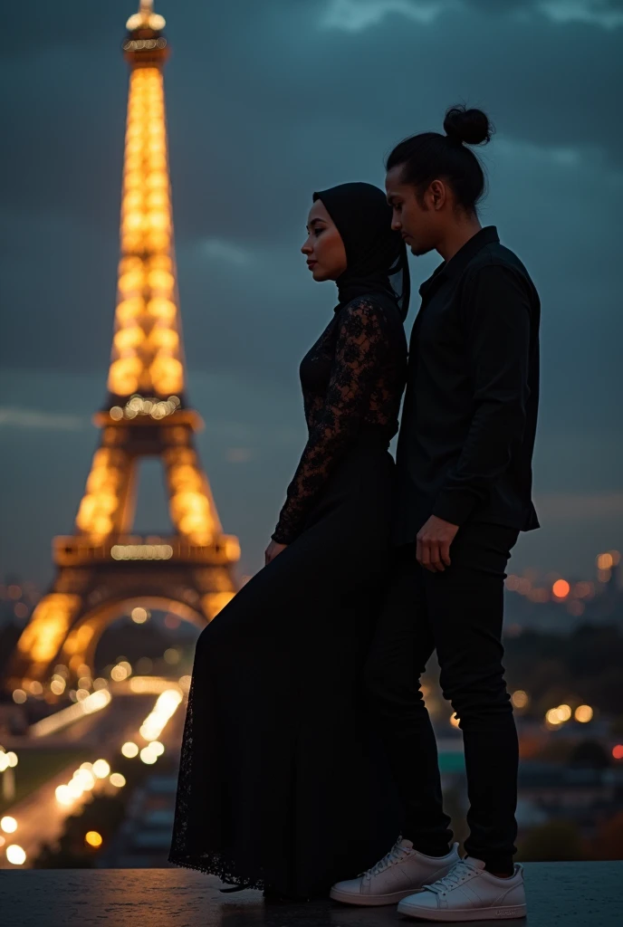 
portrait of a beautiful Indonesian hijab woman, wearing a Lace dress black with trousers and white sneakers, standing with a handsome Asian

man with long black hair, Top Knot hairstyle, wearing a black shirt with long tight jeans and NIKE shoes, front background of the Eiffel Tower, Paris city at night, very real, realistic, cinematic, photographic