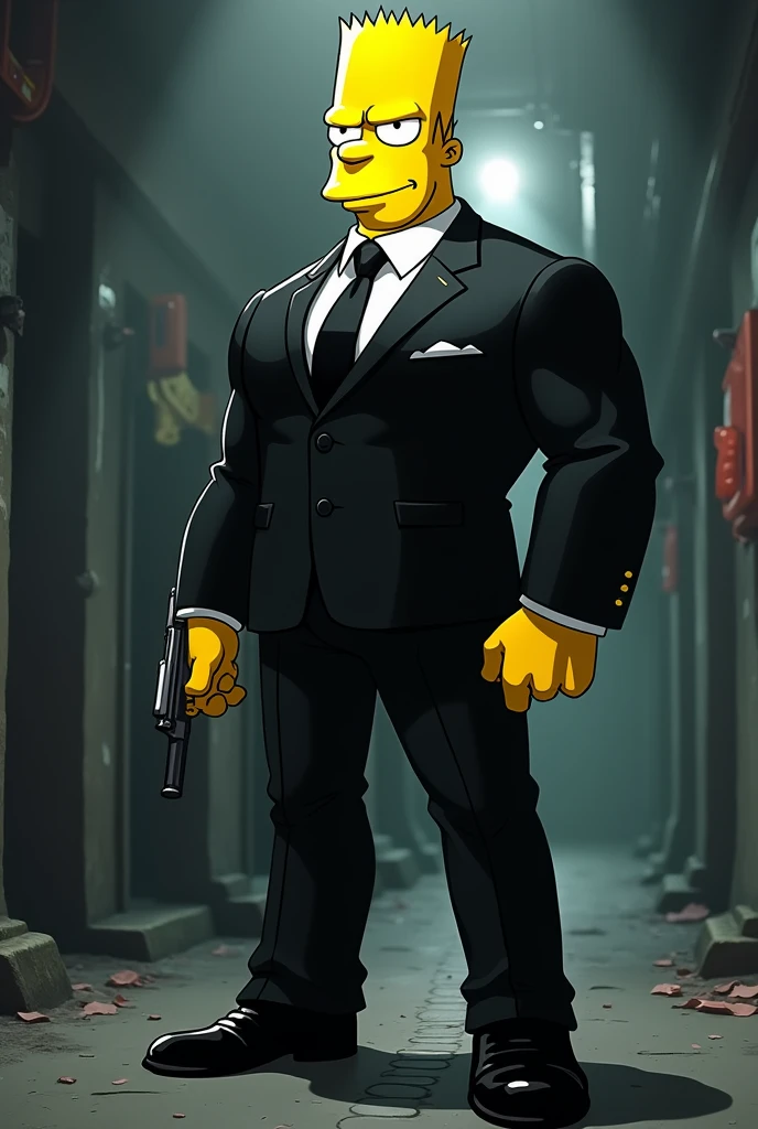 Bart Simpson , mobster smoking , with black suit, muscular