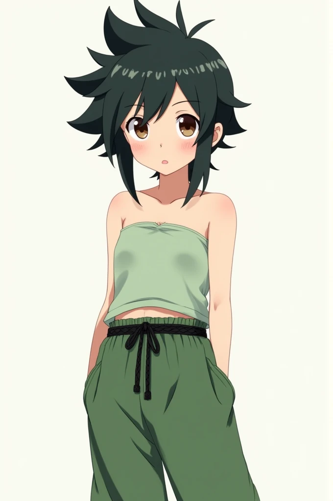 YOU COULD CREATE A CHARACTER WITH ANIME AESTHETICS THAT HAS BLACK HAIR WITH DARK GREEN SPIKED UP, A WELL-DEFINED FACE THAT TRANSMITS INNOCENCE, KINDNESS, LIGHT BROWN EYES, outfits: loose green track pants with a black braided belt at the waist pale green strapless top 