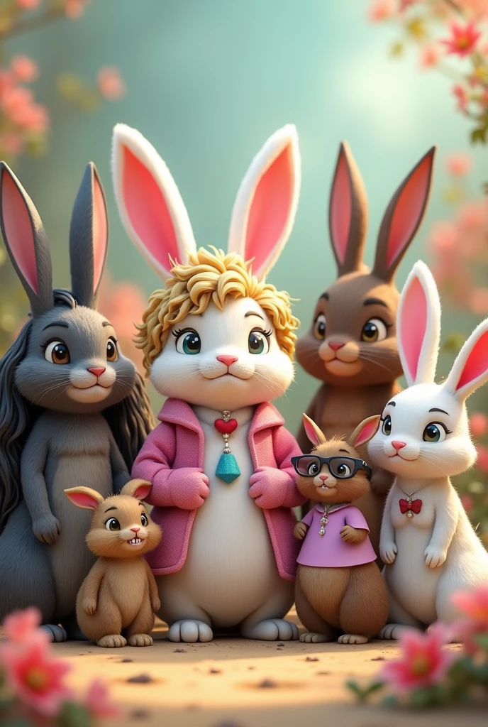 Group of 7 cute bunnies. The first bunny has a piercing in her mouth., She has long black hair and is fleshy fur. The second bunny is white and pink with a huge butt and huge breasts with short golden hair. The third bunny has brown fur and short curly hair and wears braces. The fourth bunny is white with long hair and wears glasses and has an iPad. The fifth bunny has brown fur with pink and black hair and wears glasses with a purple shirt. The sixth bunny is brown with long black hair and wears glasses and has a dress to dance salsa. The seventh bunny is white with medium hair, wears glasses and is super cute.