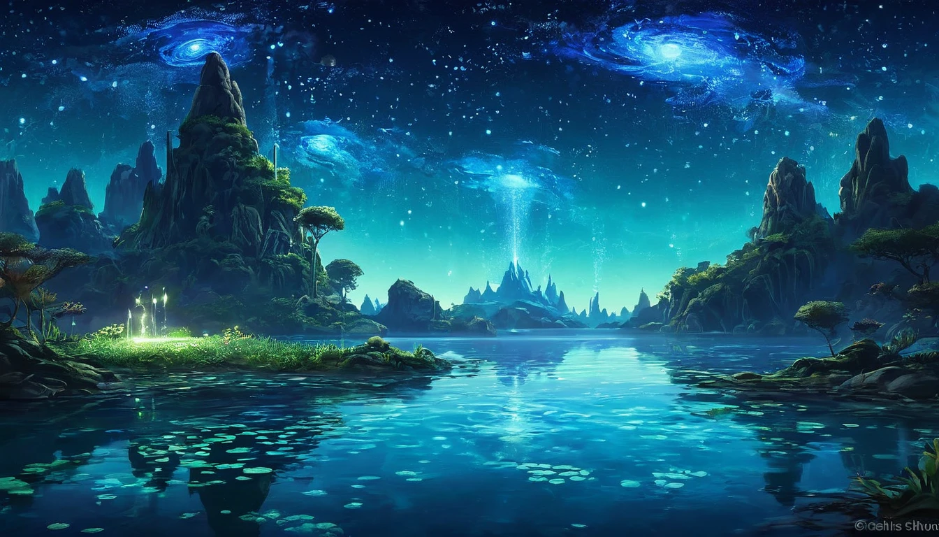 Design a serene, otherworldly landscape with bioluminescent plants and floating islands under a starry sky. Include a gentle river with crystal-clear water, reflecting the galaxy above. Add mythical creatures like dragons or fairies to enhance the magical atmosphere."