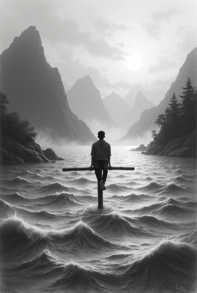 Graphite drawing of a lake in the middle of a storm and in this lake there is a person sitting. on a bamboo stick coming out of the water. That in the back, After the lake there are some Asian-style mountains that look like spots.