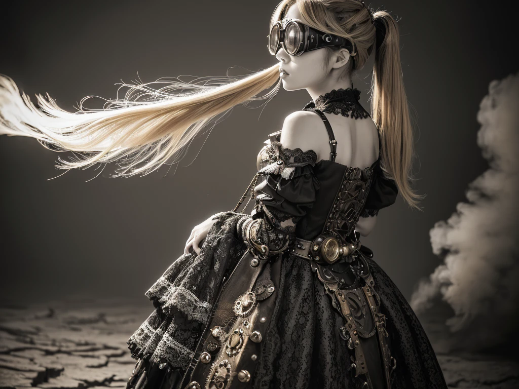 16K, RAW Photos, Highest quality, High resolution, Absurd), High resolutionRAWカラー写真, Professional photography, Paper Cut, (Layered silhouette:1.2), Complex patterns, Delicate craftsmanship, Shadow play, Depth and Dimension, Creative Expression, (Realistic, Photorealistic:1.37), (1 girl, Locomotive background), Toned Up, Cinematic Light, bloom, Screw mechanism, (Detailed painted face:1.2), (masterpiece:1.5), ((Highest quality, 8k, Tabletop: 1.3)), sharp: 1.2, Perfect Body Beauty: 1.4, Slim Abs: 1.2, ((Blonde twintail hairstyles, Very small breasts: 1.2)), (((steampunkの衣装を着て写真を撮る女性, steampunkな衣装を着て, steampunkファンタジー style, (steampunk), ( steampunk ), steampunkの美しい女神, steampunkな美しいリアルな女性, steampunk Girl, steampunk style, steampunkファンタジー, steampunk, steampunkな発明家の, ゴールデンsteampunk, steampunkの世界を舞台にした, 鮮やかなsteampunkのコンセプト,Monochrome))), Highly detailed face and skin texture, Detailed eyes, double eyelid, Long silver hair, Hands Behind Back, ,Full body standing, ((Very long skirt)),((goggles,Wearing lace))