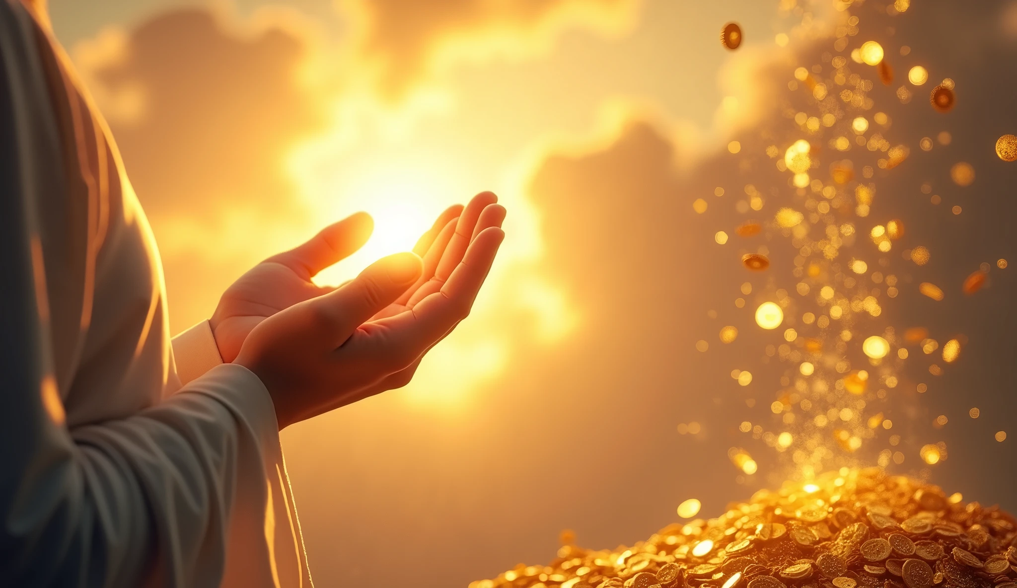 A viral social media image: A serene light shines on praying hands, surrounded by golden coins cascading from the sky on the right, symbolizing a financial miracle. Background features a soft, heavenly glow.